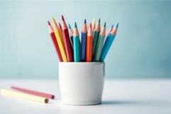 Colorful pencils in white cup table. Generate ai Product Image 1