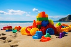 Colorful plastic sand toys on beach. Generate Ai Product Image 1