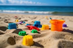 Colorful plastic sand toys on summer beach. Generate Ai Product Image 1