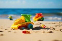 Colorful plastic sand toys on hot summer beach. Generate Ai Product Image 1