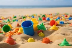 Colorful plastic sand toys on beach vacation. Generate Ai Product Image 1