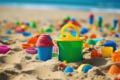 Colorful plastic sand toys on full beach. Generate Ai Product Image 1