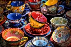 Colorful tableware mexican crockery on wooden table. Generat Product Image 1
