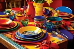 Colorful tableware mexican crockery dinner table. Generate A Product Image 1