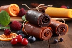 Composition with delicious fruit leather rolls on wooden boa Product Image 1