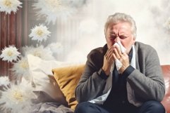 Coughing senior man sitting on soft sofa. Generate Ai Product Image 1