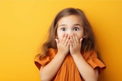 Cute little girl covered mouth with hands. Generate Ai Product Image 1