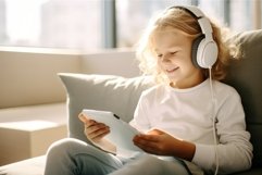 Cute little girl happy smiling with headphones and smartphon Product Image 1