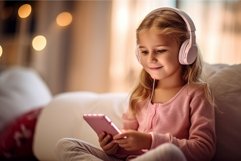 Cute little girl with headphones and smartphone modern. Gene Product Image 1
