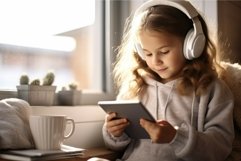 Cute little girl with headphones and smartphone happy digita Product Image 1