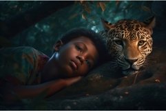 Dark jungle portrait of little boy with leopard. Generate ai Product Image 1