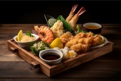 Deep fried shrimp on wooden board. Generate Ai Product Image 1