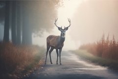 Deer on road scene with misty thicket smoke. Generate ai Product Image 1