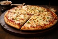 Mouthwatering Cheesy pizza on table. Generate Ai Product Image 1