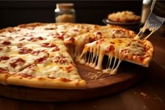 Savory Cheesy pizza on table. Generate Ai Product Image 1