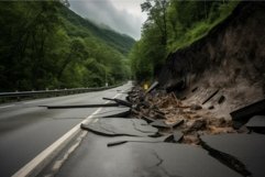 Destroyed road asphalt mountains landslide. Generate Ai Product Image 1