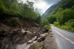 Destroyed road asphalt mountains disaster. Generate Ai Product Image 1