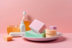 Detergent plate and sponges on pink background. Generate Ai Product Image 1