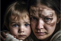 Scared woman with child domestic violence portrait. Generate Product Image 1