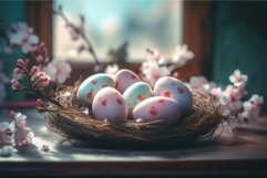 Easter eggs nest with cherry blossom flowers. Generate ai Product Image 1