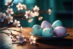 Easter eggs plate with spring cherry blossom. Generate ai Product Image 1