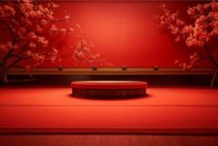 Empty stage red Chinese decoration with trees. Generate Ai Product Image 1
