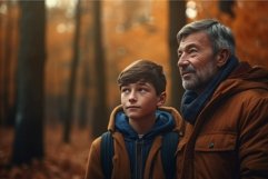 Father and son autumn forest walk. Generate Ai Product Image 1