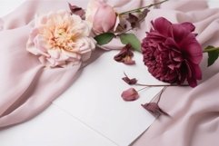 Flat lay flowers on silk fabric. Generate ai Product Image 1