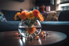 Orange chrysanthemums in vase on small oak table. Generate A Product Image 1