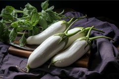 Fresh white eggplants on wooden table. Generate Ai Product Image 1