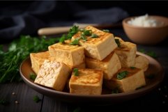 Fried tofu decorated with green herbs dish. Generate ai Product Image 1