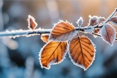 Frozen autumn branch leaves at sun light. Generate Ai Product Image 1