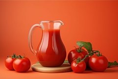 Full jug of tomato juice colorful background. Generate Ai Product Image 1