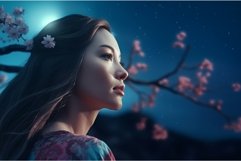 Girl close stand blossom branch. Generate Ai Product Image 1