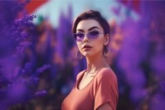 Girl posing in violet blossom flowers. Generate ai Product Image 1