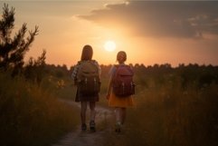 Girls students sunset field. Generate Ai Product Image 1