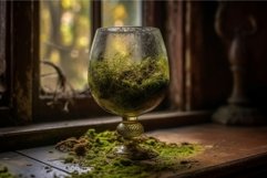 Glass old house on moss desk. Generate Ai Product Image 1