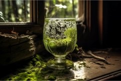 Glass old house on moss desk in morning light. Generate Ai Product Image 1