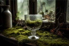 Glass old house on moss desk near window. Generate Ai Product Image 1