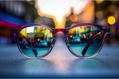 Picture nature in glasses reflecting city street. Generate A Product Image 1