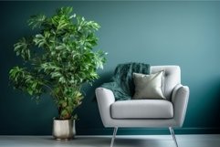 Green armchair blue wall. Generate Ai Product Image 1