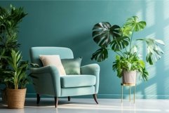 Green armchair blue wall classic. Generate Ai Product Image 1