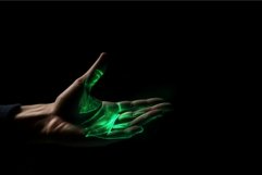 Green hologram of hand palm on black background. Generate ai Product Image 1