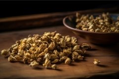 Green tea buds on wooden table. Generate Ai Product Image 1