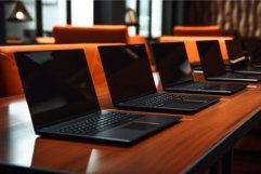 Many laptops on orange table. Generate Ai Product Image 1