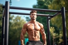 Handsome man training on parallel bars at summer day. Genera Product Image 1