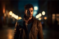 Handsome masculine man in leather jacket on luminous dark st Product Image 1