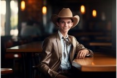 Handsome muscular teenage cowboy on wooden table. Generate A Product Image 1