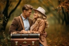 Happy couple vintage suitcase in park. Generate Ai Product Image 1