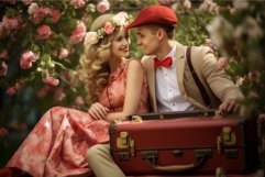 Happy couple vintage suitcase in park outdoor. Generate Ai Product Image 1